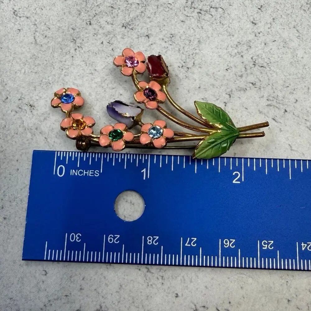Vintage Austrian Hand Painted 60s Floral Bouquet Brooch Crystal
